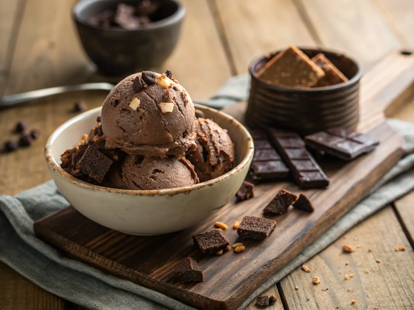 A visually appealing image of a scoop of rich, dark chocolate brownie batter ice cream, studded with chunks of brownies and chocolate chips, presented in a sundae glass.